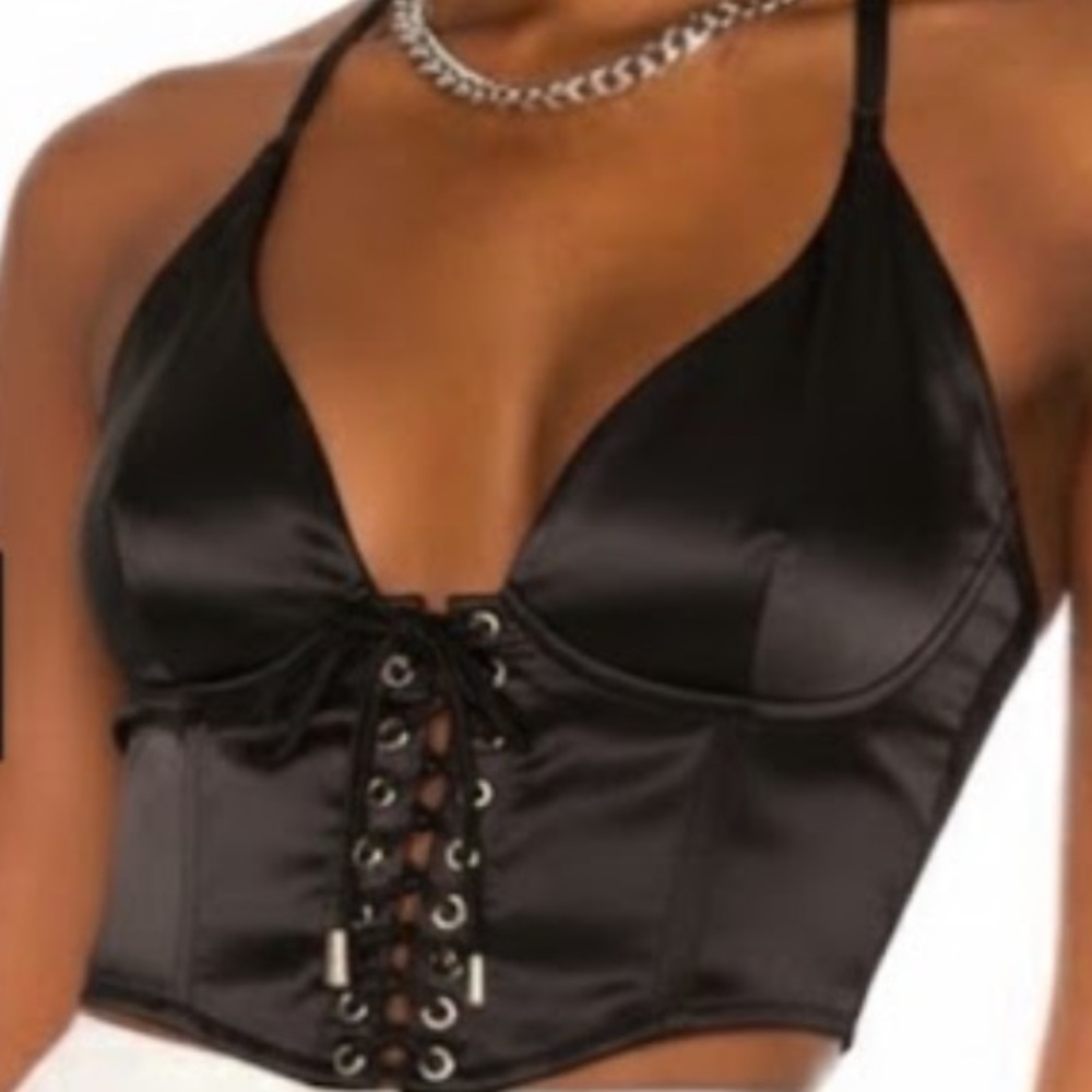 Superdown Black Satin Lace-Up Bustier